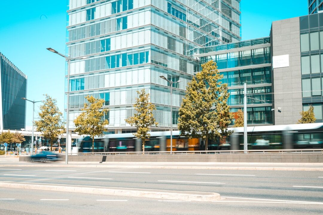 Modern glass office building exterior in a European business district